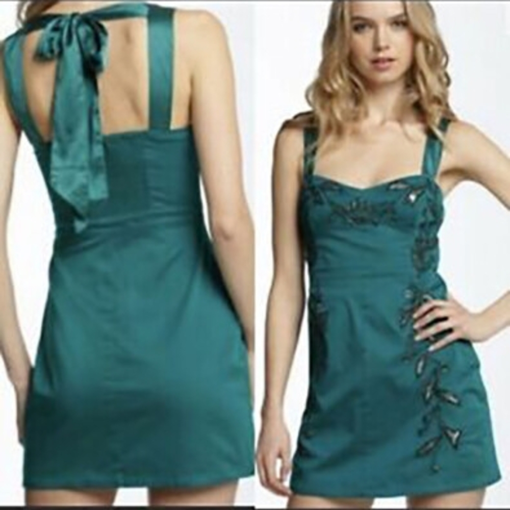 Free People Green Ruched Tie Front Mini Dress